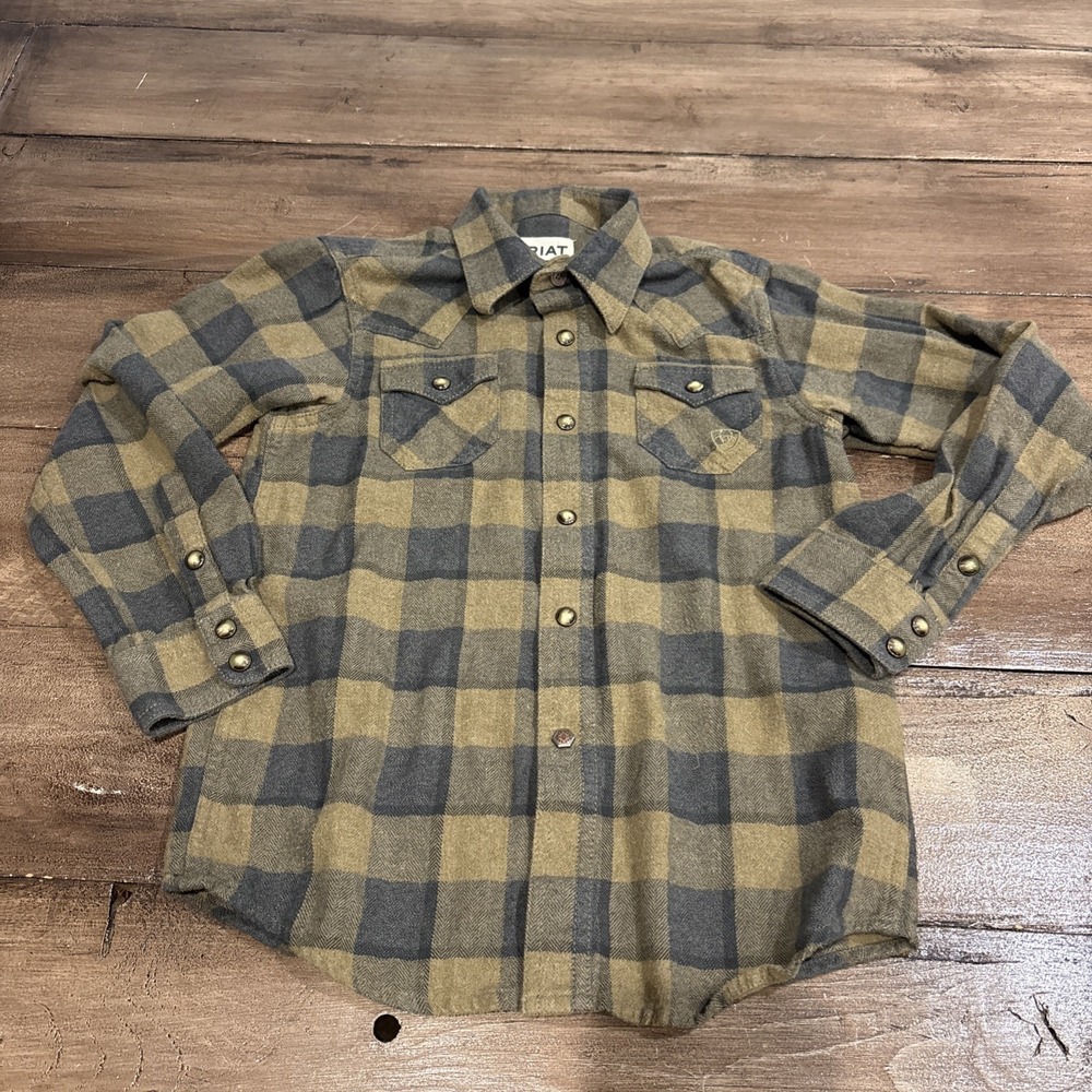 Ariat Shirt Boys Xs Beige Plaid Retro Fit Western Pearl Snap Long Sleeve Youth